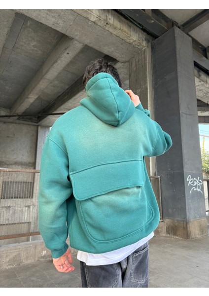 Erkek Oversize Premium Yıkamalı Baskılı Hoodie Petrol Yeşili modelleri