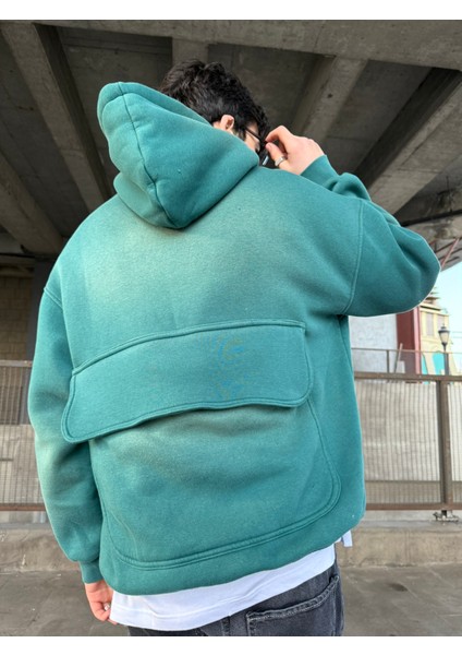 Erkek Oversize Premium Yıkamalı Baskılı Hoodie Petrol Yeşili fırsatları