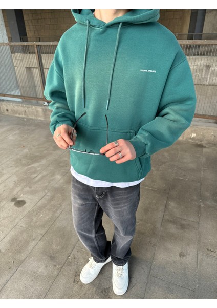 Erkek Oversize Premium Yıkamalı Baskılı Hoodie Petrol Yeşili indirimleri