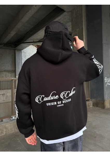 Erkek Oversize Baskılı Hoodie Sweatshirt Siyah