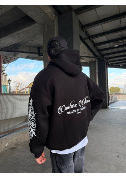 Erkek Oversize Baskılı Hoodie Sweatshirt Siyah indirimleri