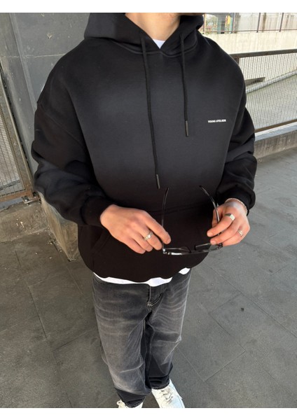 Erkek Oversize Premium Yıkamalı Baskılı Hoodie Siyah