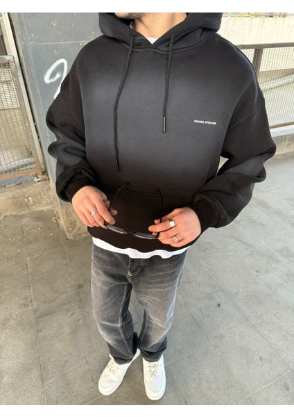 Erkek Oversize Premium Yıkamalı Baskılı Hoodie Siyah