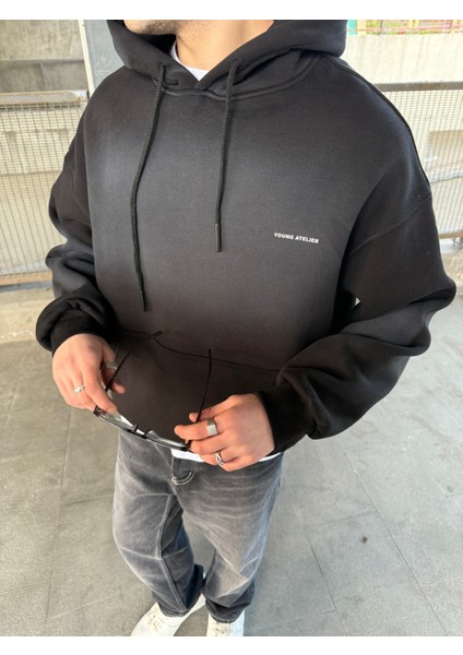 Erkek Oversize Premium Yıkamalı Baskılı Hoodie Siyah
