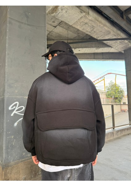 Erkek Oversize Premium Yıkamalı Baskılı Hoodie Siyah