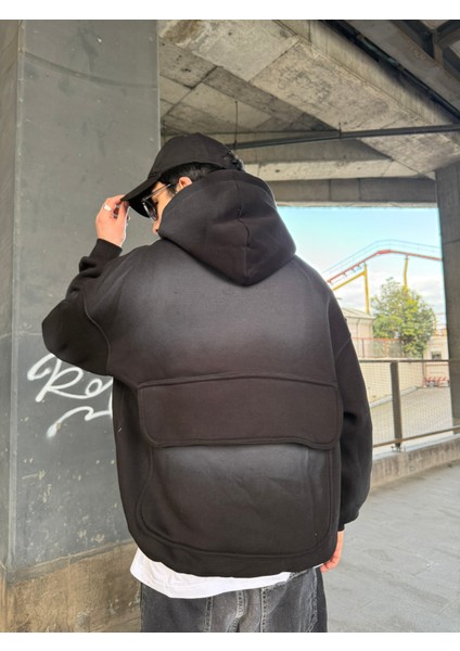 Erkek Oversize Premium Yıkamalı Baskılı Hoodie Siyah