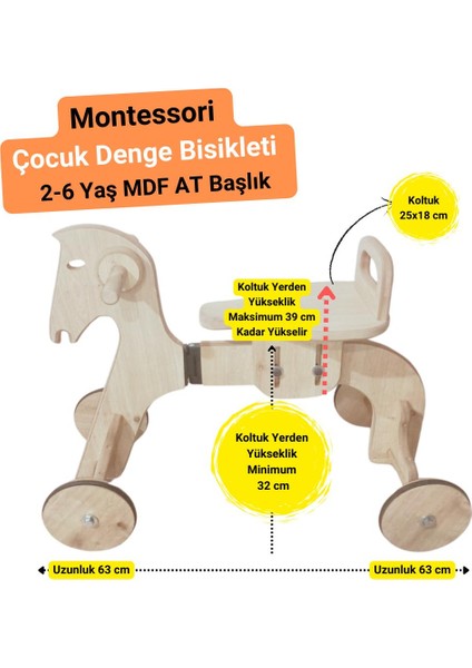 Montessori Çocuk Denge Bisikleti 2-6 Yaş Mdf At Başlık