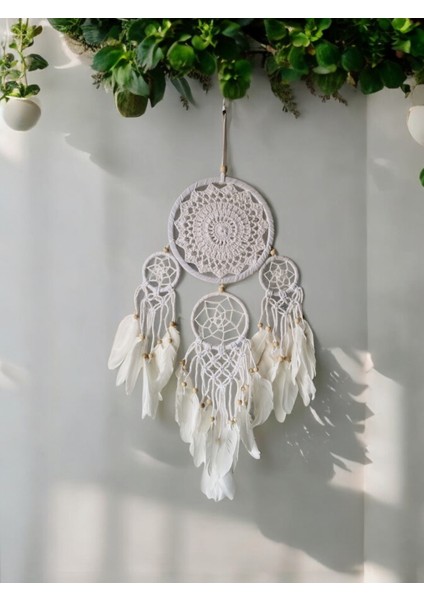 El Yapımı Beyaz Örgü Dantel ve Kuş Tüyü Süslemeli 4'lü Düş Kapanı Dreamcatcher