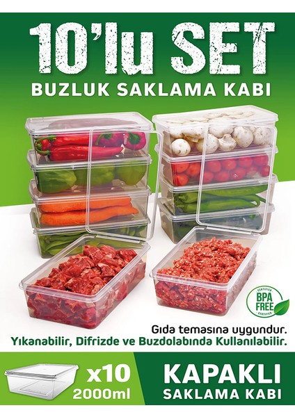 Birdoludükkan 10 Adet 2 Lt. Kendinden Kapaklı Derin Dondurucuya Uygun Saklama Kabı Düzenleyici