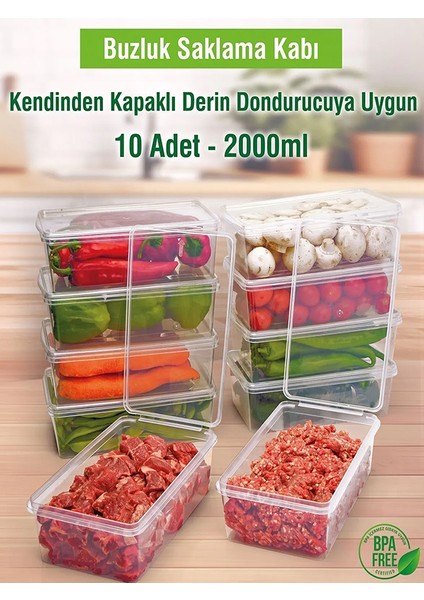 Birdoludükkan 10 Adet 2 Lt. Kendinden Kapaklı Derin Dondurucuya Uygun Saklama Kabı Düzenleyici