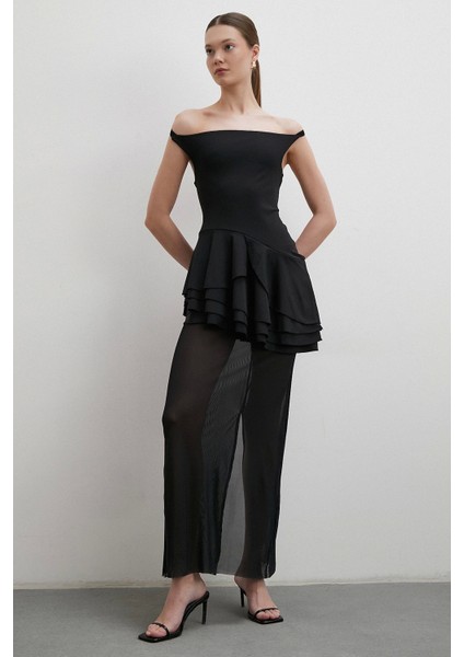 Boyun Askılı Fırfırlı Tül Elbise Siyah