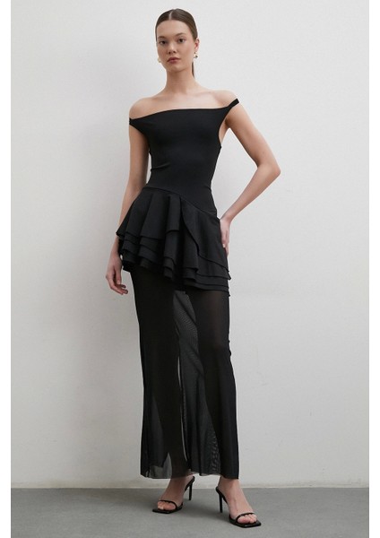 Boyun Askılı Fırfırlı Tül Elbise Siyah fiyatları