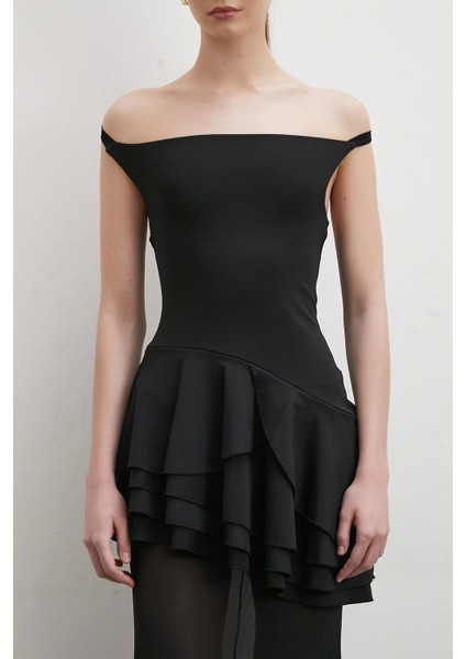 Boyun Askılı Fırfırlı Tül Elbise Siyah fırsatları