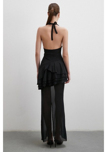 Boyun Askılı Fırfırlı Tül Elbise Siyah indirimleri