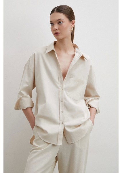 Keten Karışımlı Dökümlü Gömlek Bej