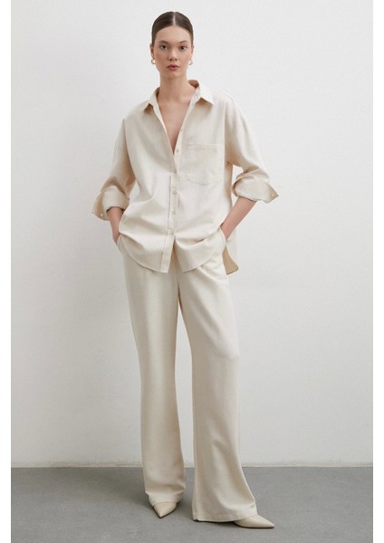 Keten Karışımlı Dökümlü Gömlek Bej modelleri