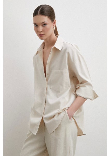 Keten Karışımlı Dökümlü Gömlek Bej fırsatları