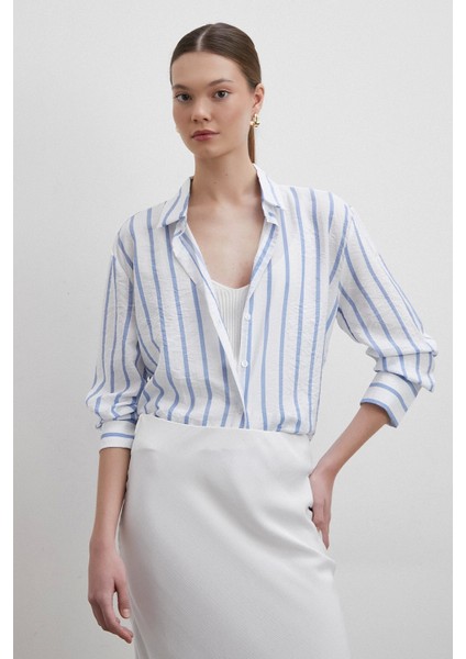 V Yaka Çizgili Modal Gömlek Mavi