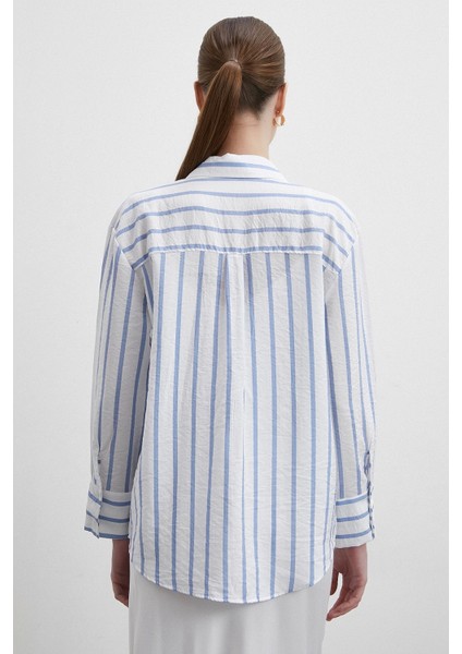 V Yaka Çizgili Modal Gömlek Mavi modelleri