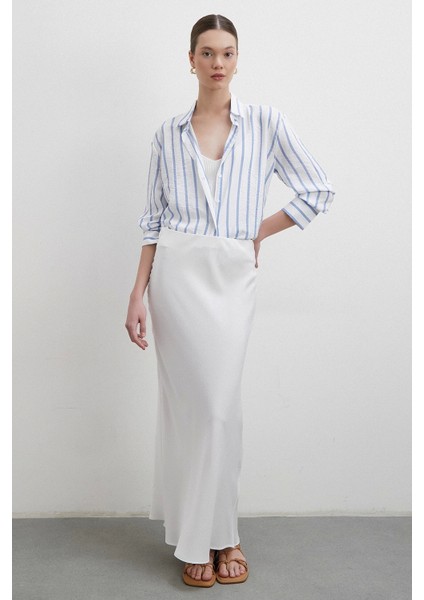 V Yaka Çizgili Modal Gömlek Mavi fırsatları