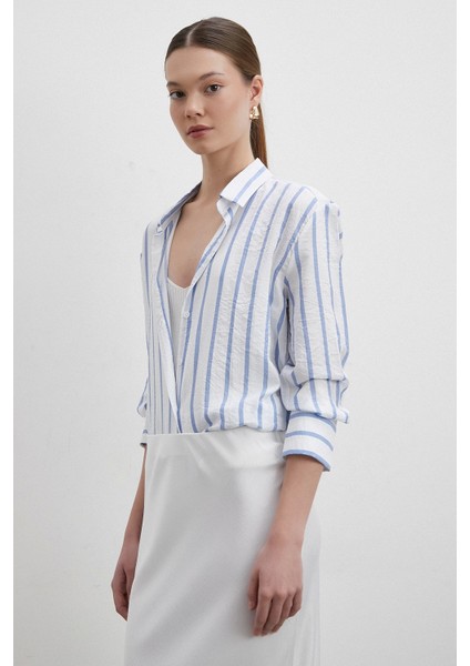 V Yaka Çizgili Modal Gömlek Mavi indirimleri