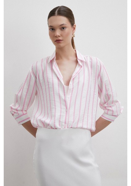 V Yaka Çizgili Modal Gömlek Pembe modelleri
