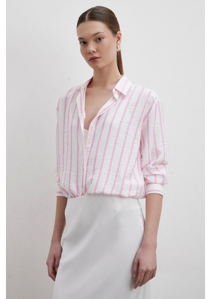 V Yaka Çizgili Modal Gömlek Pembe fırsatları