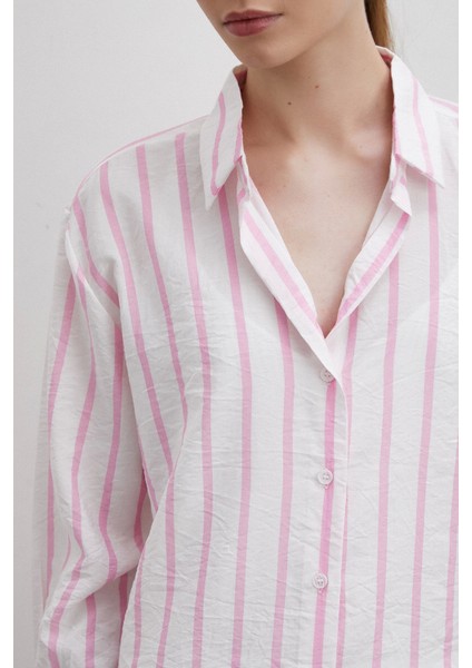 V Yaka Çizgili Modal Gömlek Pembe indirimleri