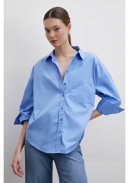 Oversize Pamuklu Gömlek Mavi