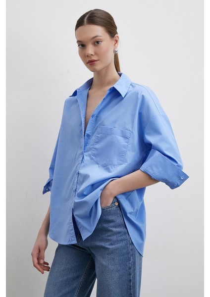 Oversize Pamuklu Gömlek Mavi fırsatları
