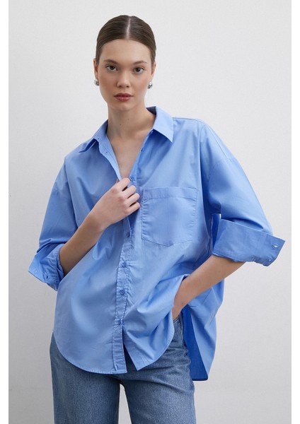 Oversize Pamuklu Gömlek Mavi indirimleri