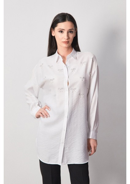 Fiyonk Taş Işlemeli Gofreli Oversize Gömlek