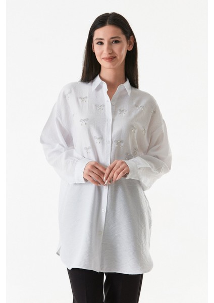 Fiyonk Taş Işlemeli Gofreli Oversize Gömlek