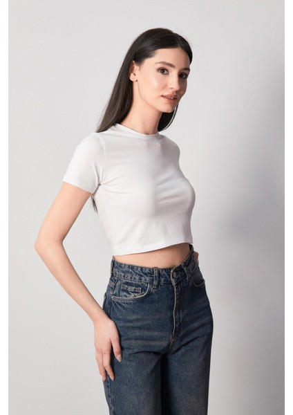 Basic Bisiklet Yaka Crop Tişört