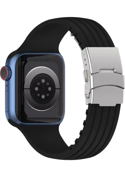 Apple Watch (42MM/44MM/45MM/49 mm /se/ultra Uyumlu) Metal Klipsli Çizgili Silikon Kordon Siyah fiyatları