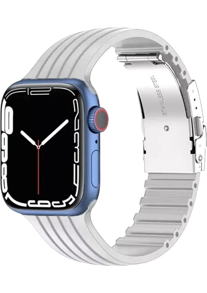 Apple Watch (42MM/44MM/45MM/49 mm /se/ultra Uyumlu) Metal Klipsli Çizgili Silikon Kordon Beyaz
