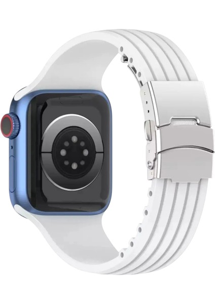 Apple Watch (42MM/44MM/45MM/49 mm /se/ultra Uyumlu) Metal Klipsli Çizgili Silikon Kordon Beyaz fiyatları