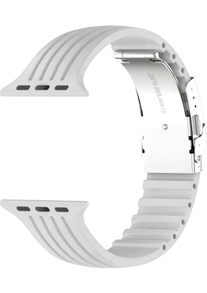Apple Watch (42MM/44MM/45MM/49 mm /se/ultra Uyumlu) Metal Klipsli Çizgili Silikon Kordon Beyaz modelleri