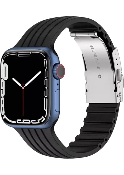 Apple Watch ( Seri 10 - 46 mm Uyumlu) Metal Klipsli Çizgili Silikon Kordon Siyah