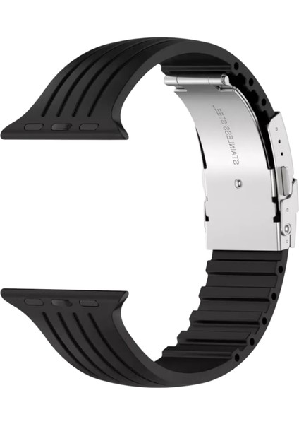 Apple Watch ( Seri 10 - 46 mm Uyumlu) Metal Klipsli Çizgili Silikon Kordon Siyah modelleri