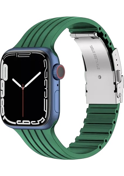 Apple Watch ( Seri 10 - 46 mm Uyumlu) Metal Klipsli Çizgili Silikon Kordon Asker Yeşil