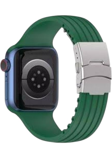 Apple Watch ( Seri 10 - 46 mm Uyumlu) Metal Klipsli Çizgili Silikon Kordon Asker Yeşil fiyatları
