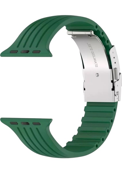 Apple Watch ( Seri 10 - 46 mm Uyumlu) Metal Klipsli Çizgili Silikon Kordon Asker Yeşil modelleri