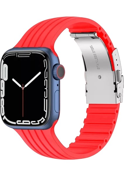 Apple Watch (42MM/44MM/45MM/49 mm /se/ultra Uyumlu) Metal Klipsli Çizgili Silikon Kordon Kırmızı
