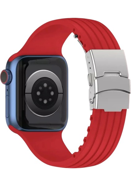 Apple Watch (42MM/44MM/45MM/49 mm /se/ultra Uyumlu) Metal Klipsli Çizgili Silikon Kordon Kırmızı fiyatları