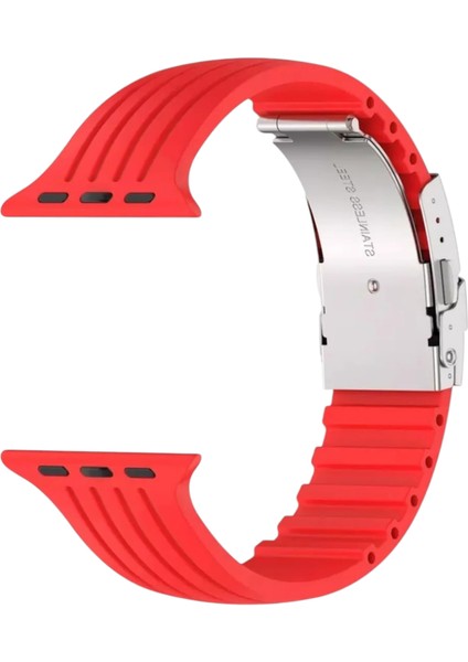 Apple Watch (42MM/44MM/45MM/49 mm /se/ultra Uyumlu) Metal Klipsli Çizgili Silikon Kordon Kırmızı modelleri