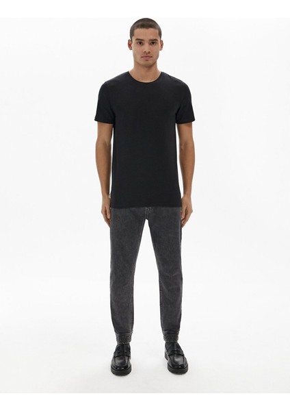Erkek Sıfır Yaka Basıc Slım Kısa Kollu Siyah T-shırt