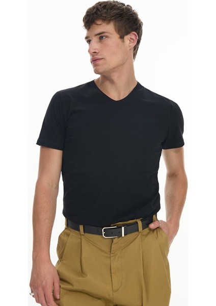 Erkek V Yaka Basıc Slım Kısa Kollu Siyah T-shırt fiyatları