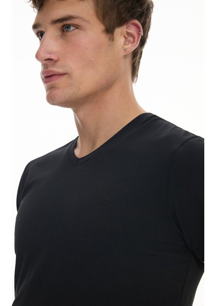 Erkek V Yaka Basıc Slım Kısa Kollu Siyah T-shırt indirimleri