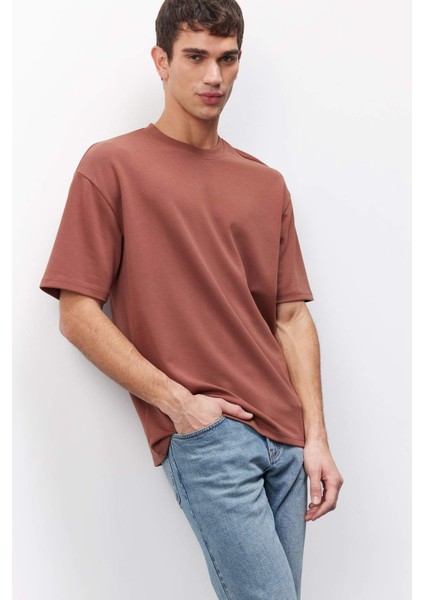 Oversize Geniş Kalıp Bisiklet Yaka Kısa Kollu Basic Düz Ağır Kumaş Tişört X3926AZ25SP